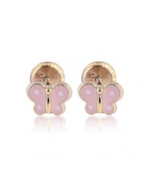 Cercei de aur galben 14k bebelusi nou nascuti mici Fluturasi roz email Cercei din aur